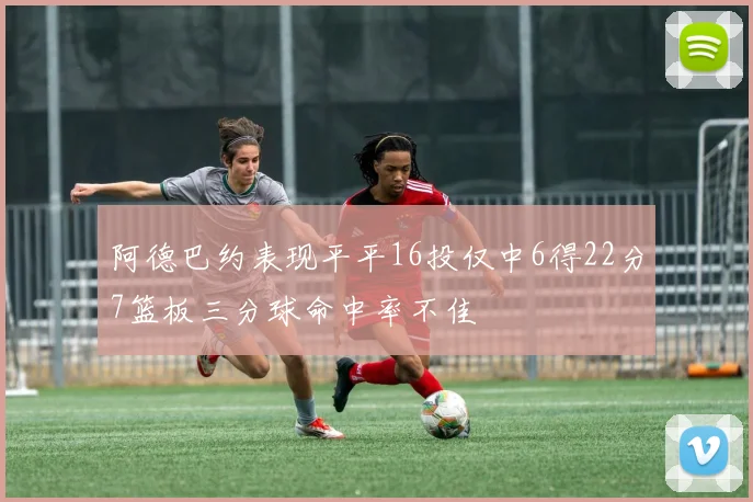 阿德巴约表现平平16投仅中6得22分7篮板三分球命中率不佳